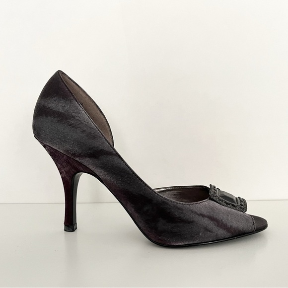 Anne Klein Peep Toe Pumps Heels Size 7 Fabric Gray Plum Evening Elegant Wedding - Picture 2 of 7